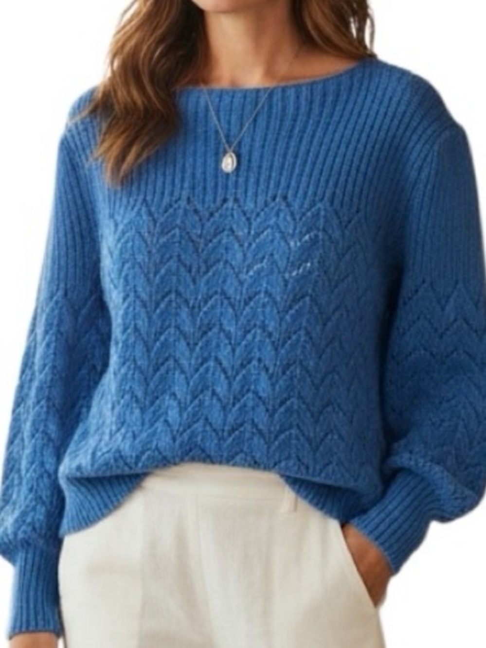 Vintage hand Knit open weave blue sweater cottagecore country coastal Grandma